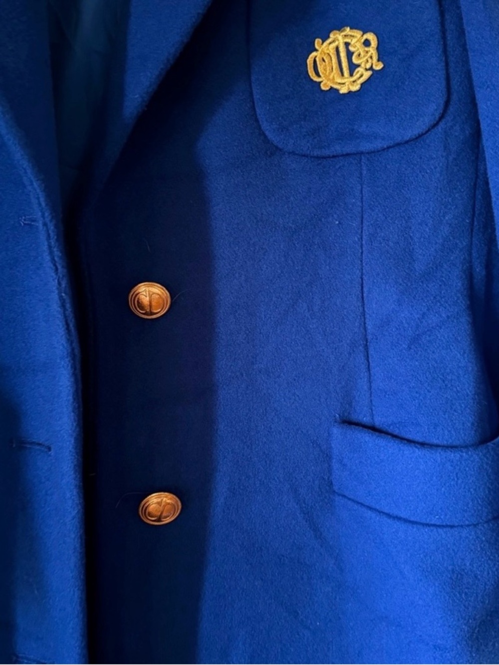 Christian Dior Boutique Royal Blue Wool Coat Gold Crest VTG Size 14 - Picture 5 of 16